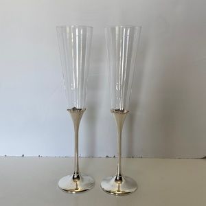 Waterford Lismore Bead Silver Stem Toasting Flute, Pair